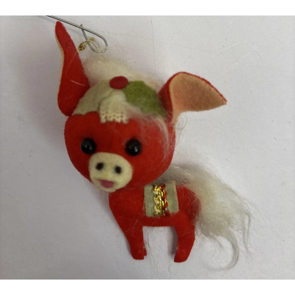 Vintage Red White Felt Flocked Deer Christmas Ornament Japan‎ 4 1/4